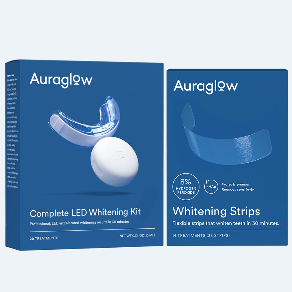 Auraglow Teeth Whitening Kit and 8% Whitening Strips Bundle — front view